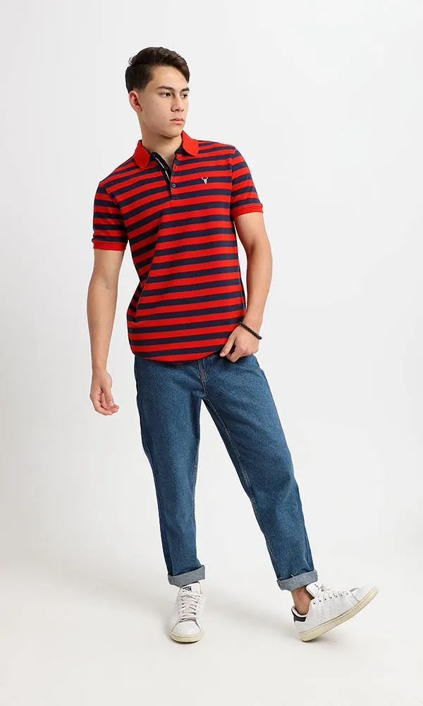 94986 Short Sleeves Striped Casual Polo Shirt - Navy Blue & Red