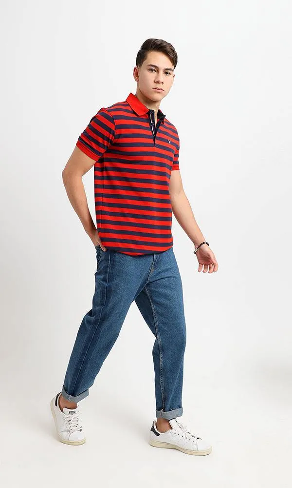 94986 Short Sleeves Striped Casual Polo Shirt - Navy Blue & Red