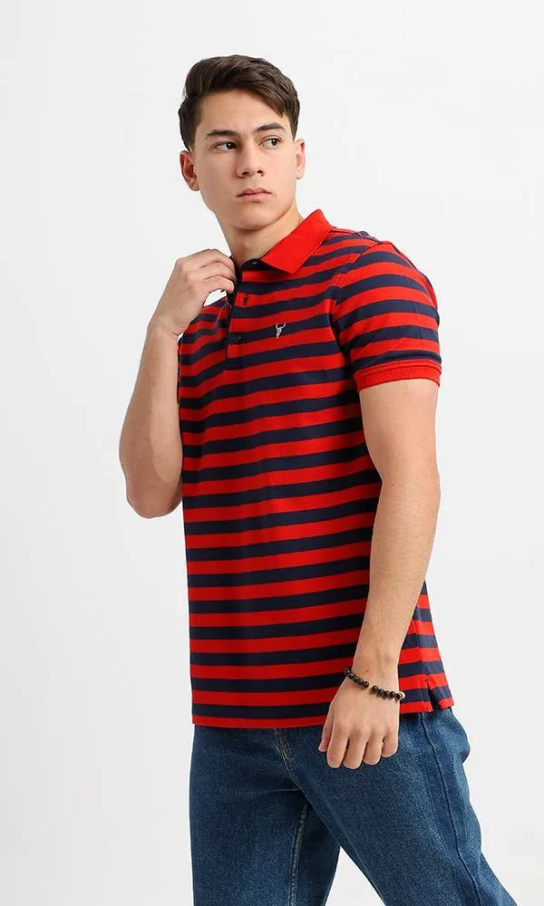 94986 Short Sleeves Striped Casual Polo Shirt - Navy Blue & Red