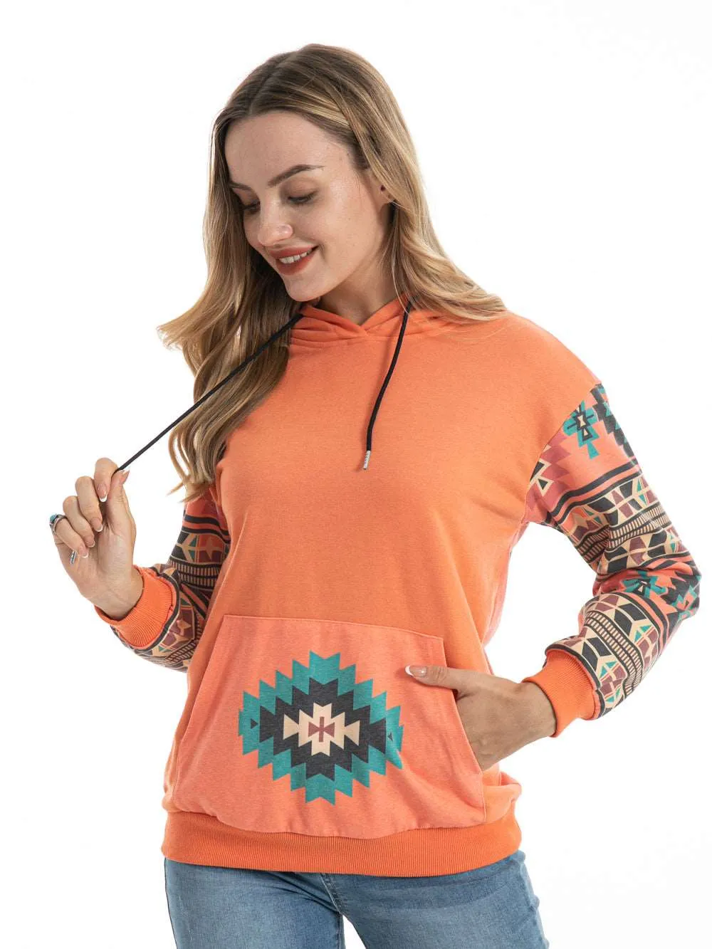 American Bling Orange Aztec Graphic Drawstring Hoodie