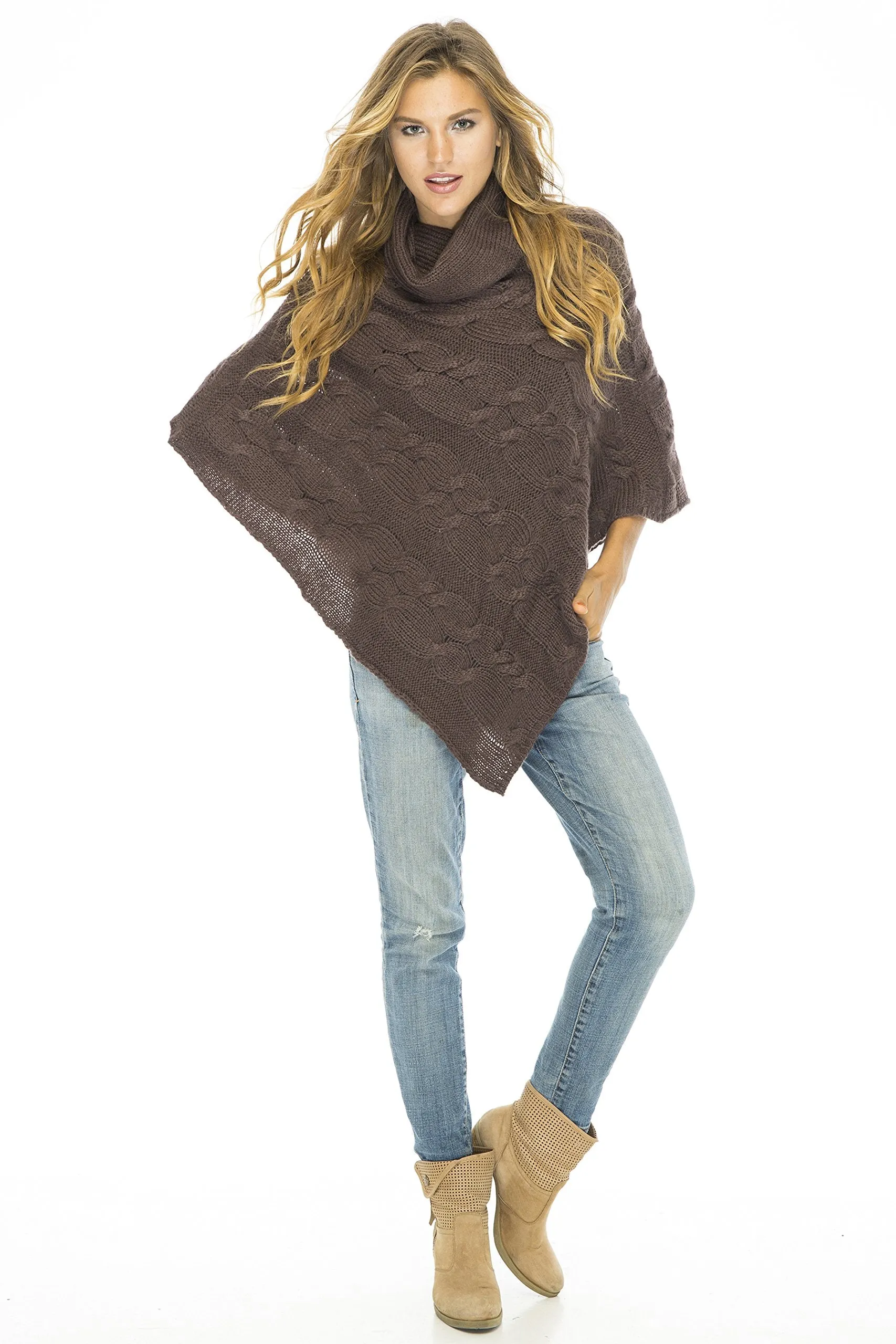 Back From Bali Womens Cable Knit Poncho Turtle Neck Sweater Cape Soft Casual