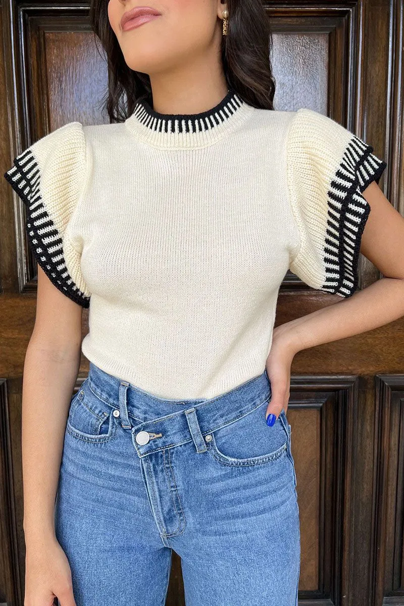 Casual Ruffle Flare Sleeves Striped Knitted Jumper Sweater