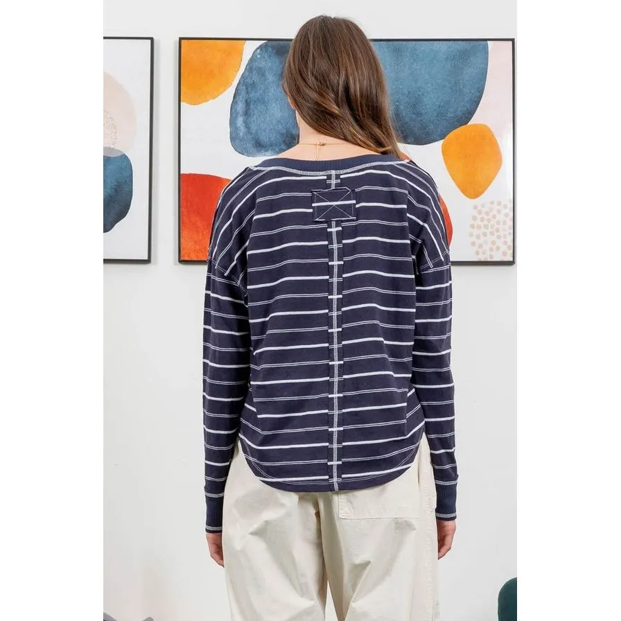 Contrast Stripe V Neck Long Sleeve Top