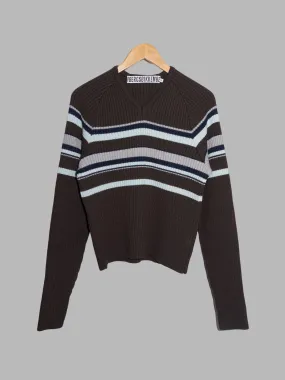 Dirk Bikkembergs brown wool rib knit striped v-neck jumper - M