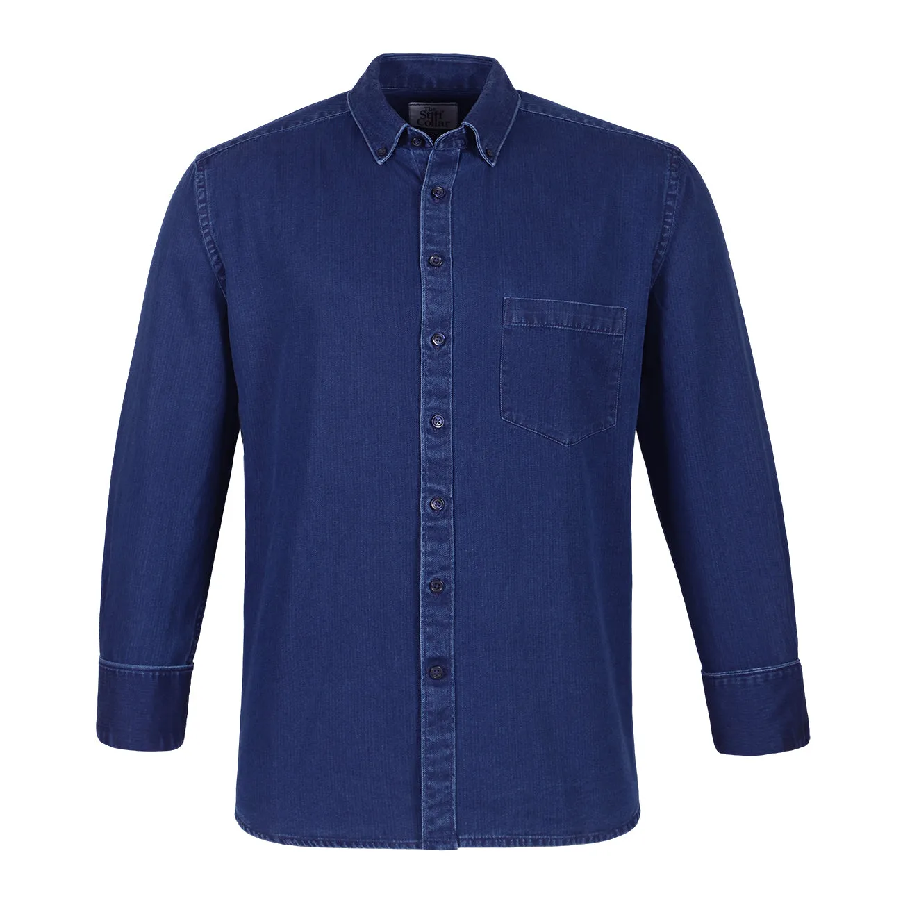 Indigo Blue Herringbone Denim Washed Button Down Collar Shirt