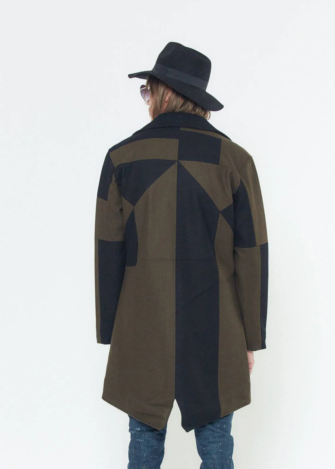 Konus Men's Geometric Panelled Wool Coat in Olive