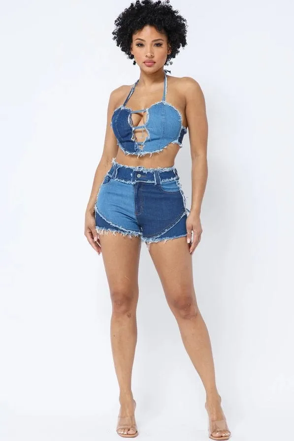 Patchwork Women's Denim Shorts Set